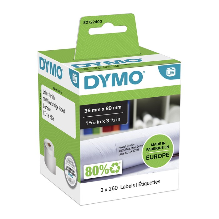 DYMO Etikettenrollen für Etikettendrucker S0722400 weiß, 89,0 x 36,0 mm, 2 x 260 Etiketten