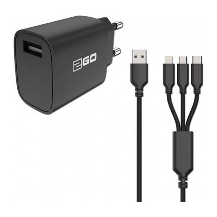 2GO Ladegerät 15W 1-Port 1x USB-A inkl. 3in1 Kabel C/M/L sw
