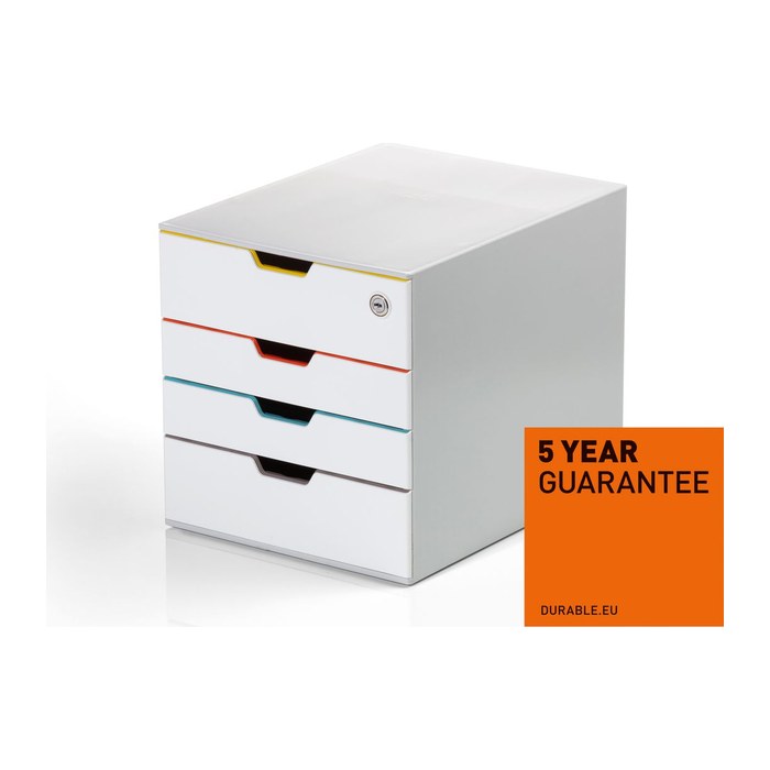 DURABLE Schubladenbox VARICOLOR® MIX SAFE weiß mit bunten Farblinien 762627, DIN A4 mit 4 Schubladen, 1 St.