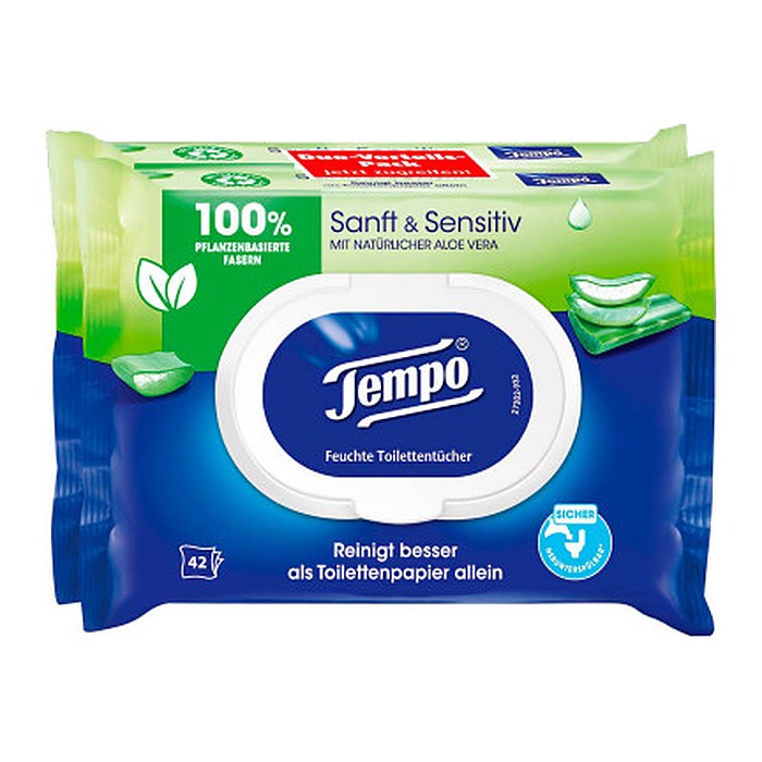 Tempo Feuchtes Toilettenpapier Sanft & Sensitiv Duo-Pack 1-lagig, 2x 42 Tücher