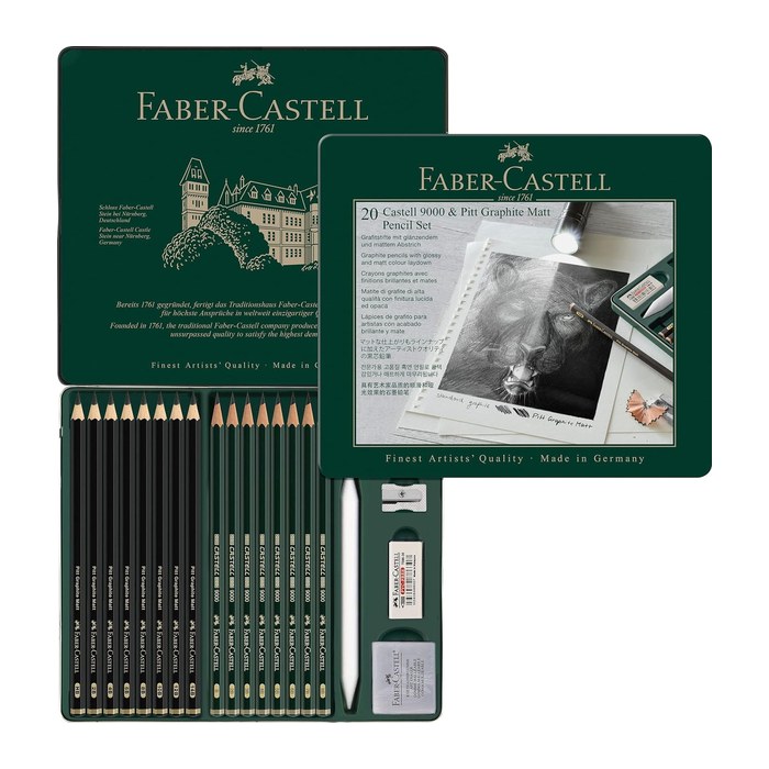 FABER-CASTELL Pitt Graphite Matt Bleistift-Set B, HB, 2B, 3B, 4B, 5B, 6B, 7B, 8B, 10B, 12B, 14B schwarz/grün mit Radierer, 1 St.