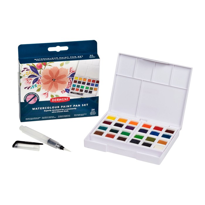DERWENT Wasserfarbkasten 24 halbe Näpfchen und eine Derwent Mini Waterbrush in einer kompakten Palette mit Mischschale