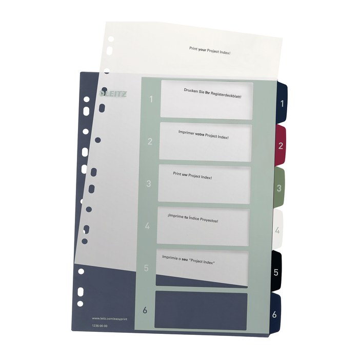 LEITZ Ordnerregister Style DIN A4+ Vollformat, Überbreite 1-6 farbig 6-teilig, 1 Satz