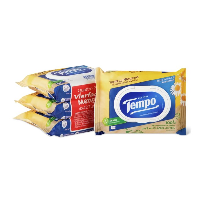 Tempo Feuchtes Toilettenpapier Sanft & Pflegend 1-lagig, 4x 42 Tücher