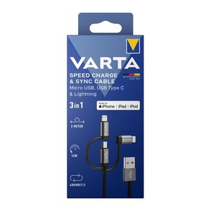 Varta Ladekabel 3in1 USB-A auf Micro-USB/USB-C/Light. 2m sw