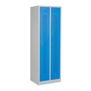 Design-Umkleidespind mit Lochreihen (2-Abteile) 590 mm Breite – Lichtgrau (Türen Himmelblau)