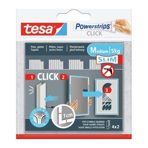 tesa Powerstrips Click MEDIUM Slim Klett-Klebestreifen für max. 5,0 kg, 1,0 x 8,0 cm, 4 St.