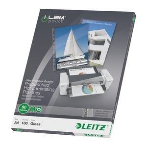 LEITZ Laminierfolien glänzend für A4 80 micron Universal-Lochung, 100 St.