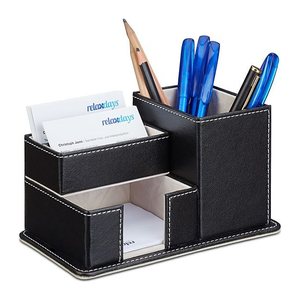 relaxdays Schreibtisch-Organizer schwarz Lederimitat 4 Fächer 18,0 x 12,0 x 10,0 cm