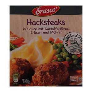 Erasco Hacksteaks in Sauce mit Kartoffelpüree, Erbsen und Möhren, 1 St.
