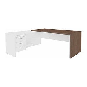 Quadrifoglio T45 Schreibtisch eukalyptus, weiß L-Form, Wangen-Gestell eukalyptus 200,0 x 194,0 cm