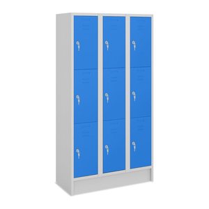 Fächerschrank (3 Abteile je 3 Fächer) 300 mm Abteilbreite – Lichtgrau (Türen Enzianblau)