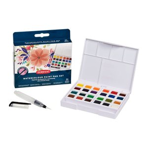 DERWENT Wasserfarbkasten 24 halbe Näpfchen und eine Derwent Mini Waterbrush in einer kompakten Palette mit Mischschale