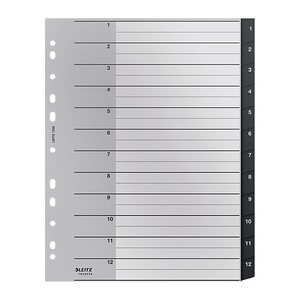 LEITZ Ordnerregister recycle 1209 DIN A4 Vollformat, Überbreite 1-12 schwarz 12-teilig, 1 Satz