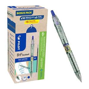 AKTION: PILOT Kugelschreiber B2P „Bottle 2 Pen“ ECOBALL XB transparent/blau, Schreibfarbe: blau, 10 St. + GRATIS 5 Kugelschreiberminen