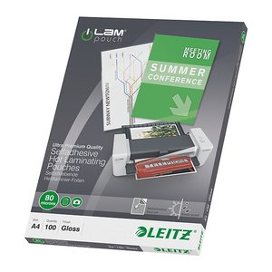 LEITZ Laminierfolien glänzend für A4 80 micron selbstklebender Rücken, 100 St.