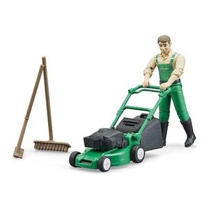 bruder bworld 62103 Gärtner mit Rasenmäher und Gartengeräten Spielfigur
