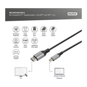 DIGITUS DisplayPort Adapterkabel mini DP->DPort St/St 8K 2m