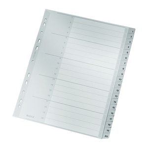 LEITZ Ordnerregister DIN A4+ Vollformat, Überbreite 1-20 grau 20-teilig, 1 Satz