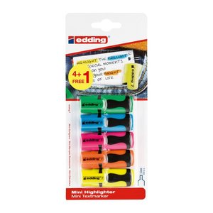 4 + 1 GRATIS: edding 7 Mini Textmarker farbsortiert, 4 St. + GRATIS 1 St.