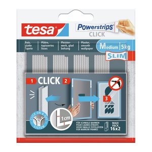tesa Powerstrips Click MEDIUM Slim Klett-Klebestreifen für max. 5,0 kg, 1,0 x 8,0 cm, 16 St.