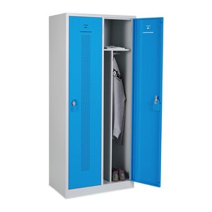 Design-Umkleidespind mit Trennwand (2-Abteile) 800 mm Breite – Lichtgrau (Türen Himmelblau)