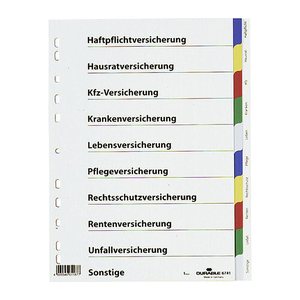 DURABLE Ordnerregister DIN A4 Vollformat blanko mit Deckblatt Versicherungen 2x blau, 2x gelb, 2x rot, 2x grün, 2x grau 10-teilig, 1 Satz
