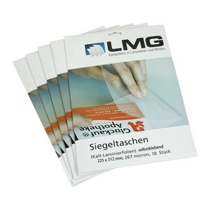 LMG Kaltlaminierfolien glänzend für A4 Vorderseite: 67 micron / Rückseite: 200 micron selbstklebender Rücken, 10 St.