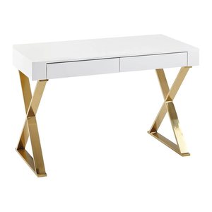 WOHNLING Schreibtishc 118 cm weiß hochglanz Schreibtisch weiß rechteckig, X-Fuß-Gestell gold 118,0 x 57,0 cm