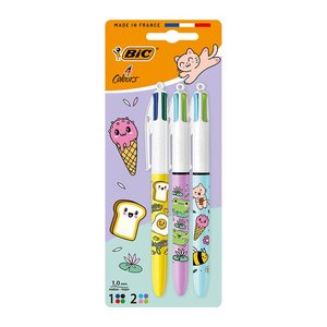 BIC 4-Farben-Kugelschreiber 4 Colours Kawai farbsortiert, Schreibfarbe: schwarz, blau, rot, grün, 3 St.