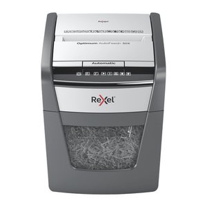 AKTION: Rexel Optimum AutoFeed+ 50X Aktenvernichter mit Partikelschnitt P-4, 4 x 28 mm, bis 50 Blatt, schwarz mit 20 Euro CashBack