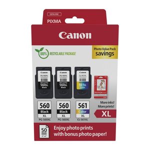 Canon PG-560XLx2/CL-561XL schwarz, color Druckköpfe + Fotopapier, 3er-Set
