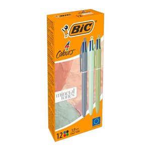 BIC 4-Farben-Kugelschreiber 4 Colours mineral tones grau, helltürkis, olivgrün, Schreibfarbe: blau, rot, grün, schwarz, 12 St.