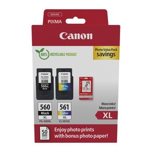 Canon PG-560XL + CL-561XL schwarz, color Druckköpfe + Fotopapier, 2er-Set