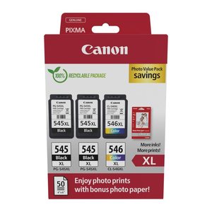 Canon PG-545XLx2/CL-546XL schwarz, color Druckköpfe + Fotopapier, 3er-Set