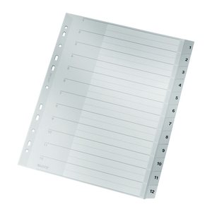 LEITZ Ordnerregister 1282 DIN A4 Vollformat, Überbreite 1-12 grau 12-teilig, 1 Satz