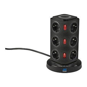 as-Schwabe QI-Wireless Ladestation 12-fach Steckdosenturm 2,0 m schwarz mit USB-Buchse