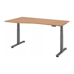HAMMERBACHER VXDSM18 elektrisch höhenverstellbarer Schreibtisch nussbaum Trapezform, T-Fuß-Gestell grau 180,0 x 100,0 cm