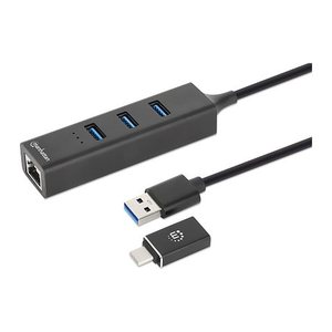MANHATTAN 3-Port USB 3.0 Typ-C/A Kombo-Hub + Netzwerkadapter