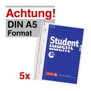 BRUNNEN Collegeblöcke Student Kleinformat liniert DIN A5 Innenrand, 5 Blöcke