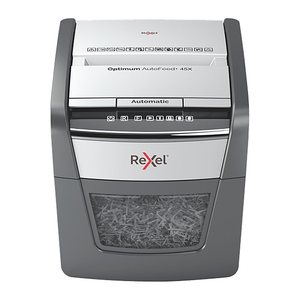 AKTION: Rexel Optimum AutoFeed+ 45X Aktenvernichter mit Partikelschnitt P-4, 4 x 28 mm, bis 45 Blatt, schwarz mit 15 Euro CashBack