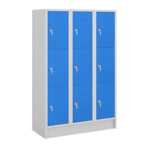 Fächerschrank (3 Abteile je 3 Fächer) 400 mm Abteilbreite – Lichtgrau (Türen Enzianblau)