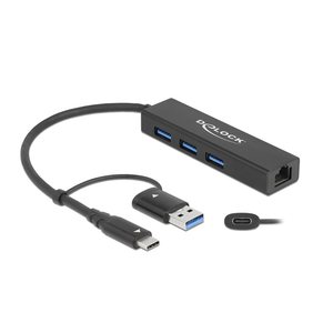 DELOCK 3 Port USB 3.2Gen1 Hub Gigabit LAN USB Typ-C o. Typ-A