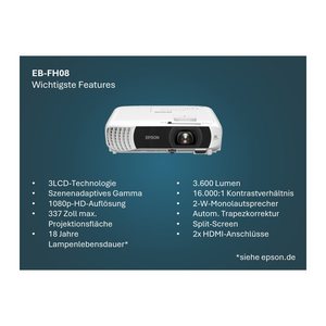 EPSON EB-FH08, 3LCD Full HD-Beamer, 3.600 ANSI-Lumen