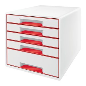 LEITZ Schubladenbox WOW Cube perlweiß/rot 52142026, DIN A4 mit 5 Schubladen, 1 St.