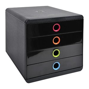 Exacompta Schubladenbox POP-BOX  schwarz mit bunten Grifflöchern 314498D, DIN A4 mit 4 Schubladen, 1 St.