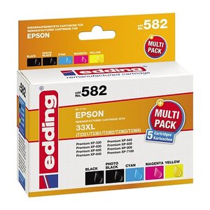 edding EDD-582 schwarz, cyan, magenta, gelb, Foto schwarz Druckerpatronen kompatibel zu EPSON 33XL / T3357XL, 5er-Set