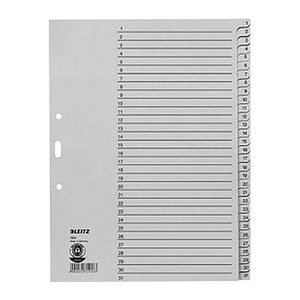 LEITZ Ordnerregister 1231 DIN A4 Vollformat, Überbreite 1-31 grau 31-teilig, 10 Satz