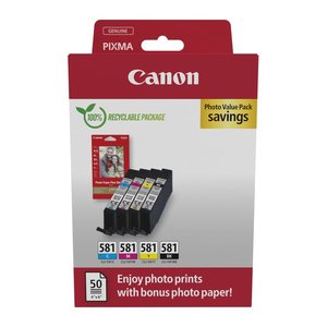 Canon CLI-581 BK/C/M/Y schwarz, cyan, magenta, gelb Druckerpatronen + Fotopapier, 4er-Set