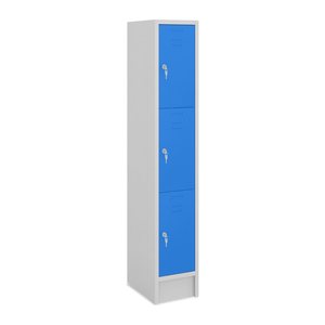 Fächerschrank (1 Abteil mit 3 Fächern) 300 mm Abteilbreite – Lichtgrau (Türen Enzianblau)